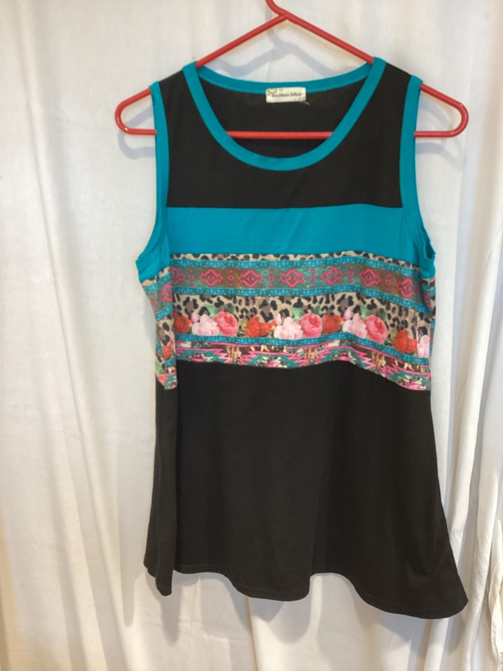 Sleeveless Floral & Leopard Print Black and Teal Women’s Top